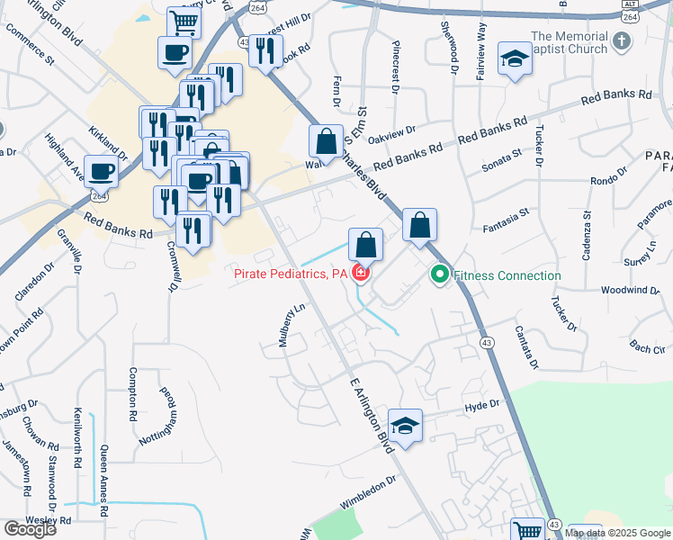 map of restaurants, bars, coffee shops, grocery stores, and more near 1137 Turtle Creek Road in Greenville