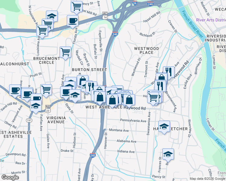 map of restaurants, bars, coffee shops, grocery stores, and more near 55 Argyle Lane in Asheville