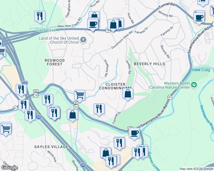map of restaurants, bars, coffee shops, grocery stores, and more near 2002 Abbey Circle in Asheville