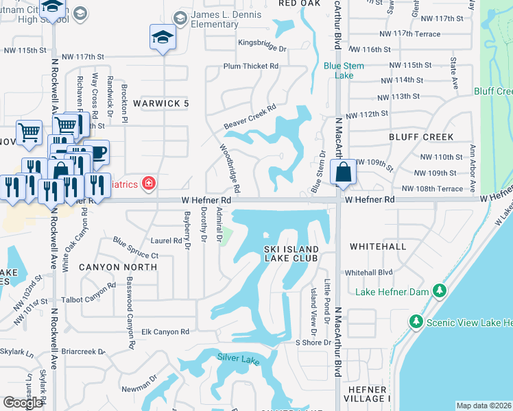 map of restaurants, bars, coffee shops, grocery stores, and more near 6336 West Hefner Road in Oklahoma City
