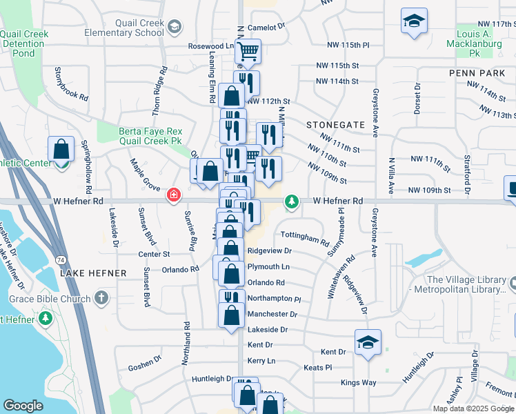 map of restaurants, bars, coffee shops, grocery stores, and more near 2812 W Hefner Rd in Oklahoma City