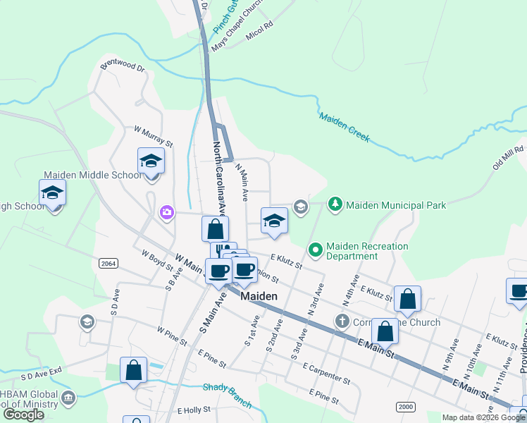 map of restaurants, bars, coffee shops, grocery stores, and more near 410 North 1st Avenue in Hickory