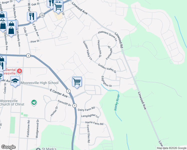 map of restaurants, bars, coffee shops, grocery stores, and more near 182 King William Drive in Mooresville