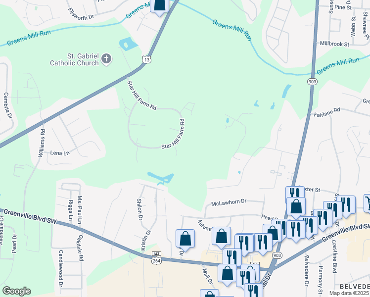 map of restaurants, bars, coffee shops, grocery stores, and more near 3303 Star Hill Farm Road in Greenville