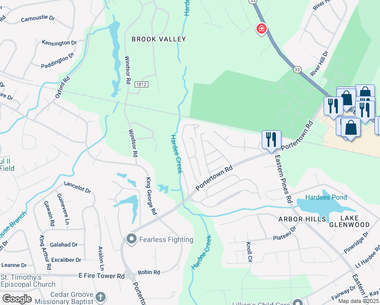 map of restaurants, bars, coffee shops, grocery stores, and more near 4157 Brook Creek Lane in Greenville