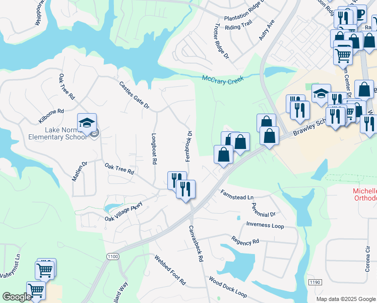 map of restaurants, bars, coffee shops, grocery stores, and more near 148 Fernbrook Drive in Mooresville