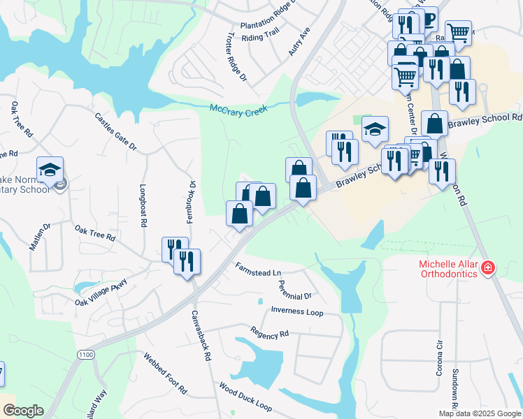 map of restaurants, bars, coffee shops, grocery stores, and more near 772 Brawley School Road in Mooresville