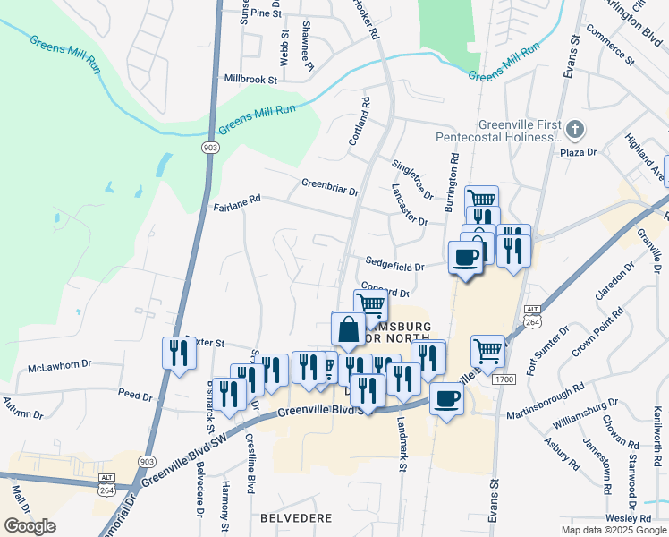 map of restaurants, bars, coffee shops, grocery stores, and more near 107 Paul Circle in Greenville
