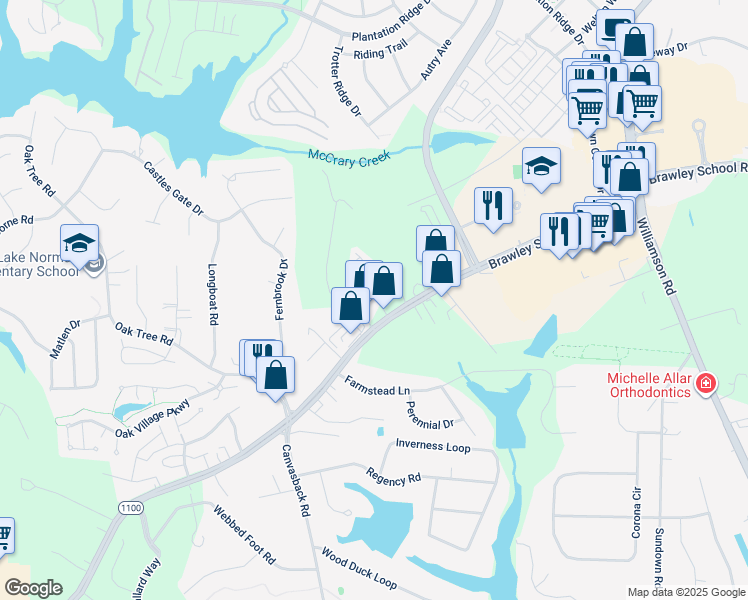 map of restaurants, bars, coffee shops, grocery stores, and more near 772 Brawley School Road in Mooresville