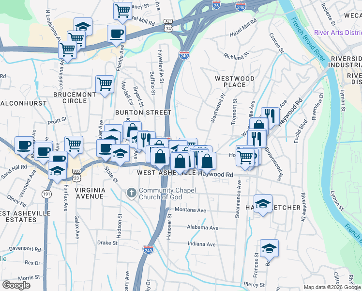 map of restaurants, bars, coffee shops, grocery stores, and more near 55 Argyle Lane in Asheville