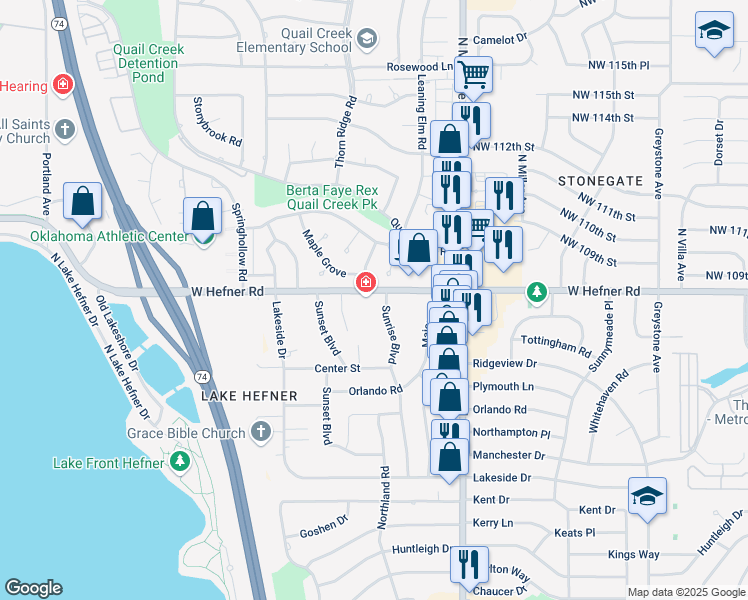 map of restaurants, bars, coffee shops, grocery stores, and more near 10812 Sunrise Boulevard in The Village