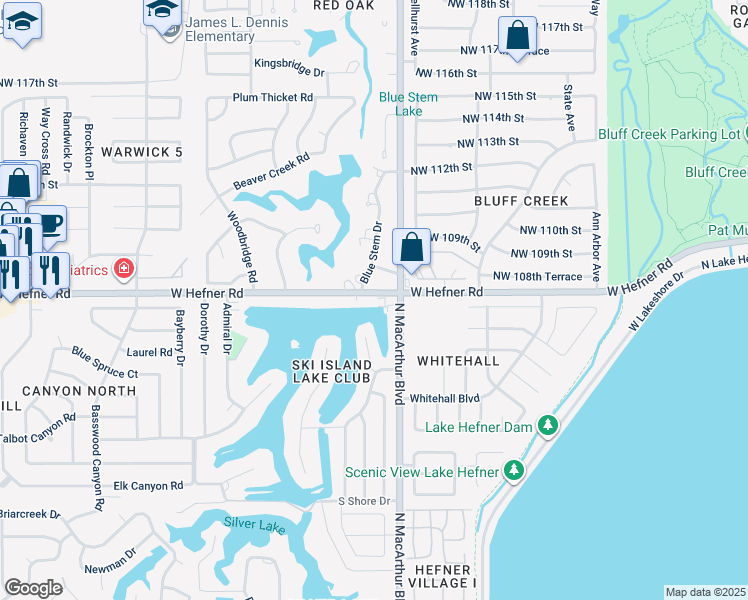 map of restaurants, bars, coffee shops, grocery stores, and more near 5916 West Hefner Road in Oklahoma City