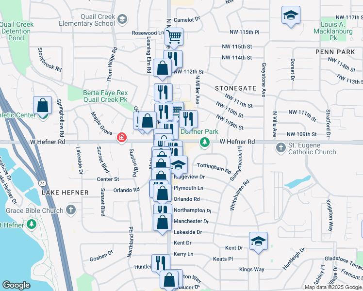 map of restaurants, bars, coffee shops, grocery stores, and more near 2812 West Hefner Road in Oklahoma City