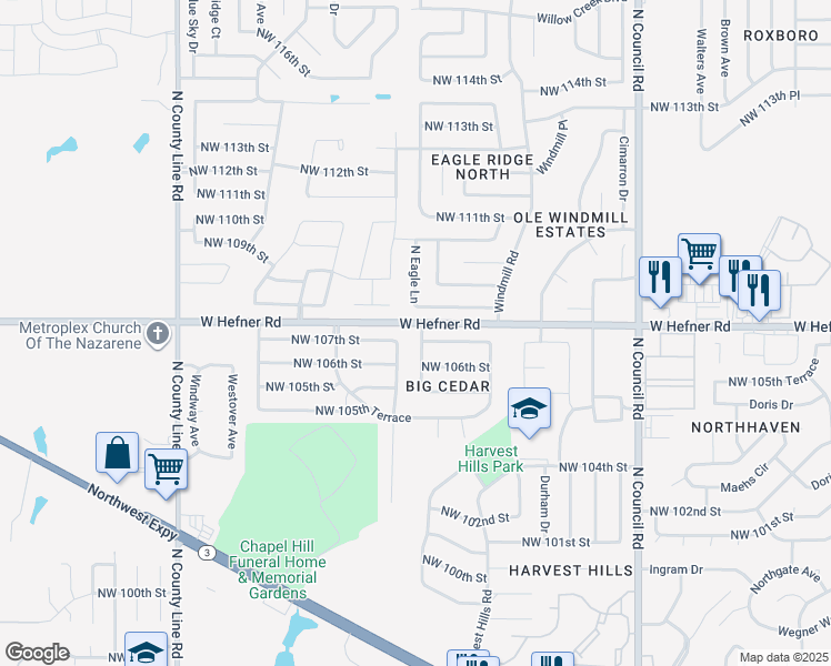 map of restaurants, bars, coffee shops, grocery stores, and more near 10805 Longview Drive in Oklahoma City