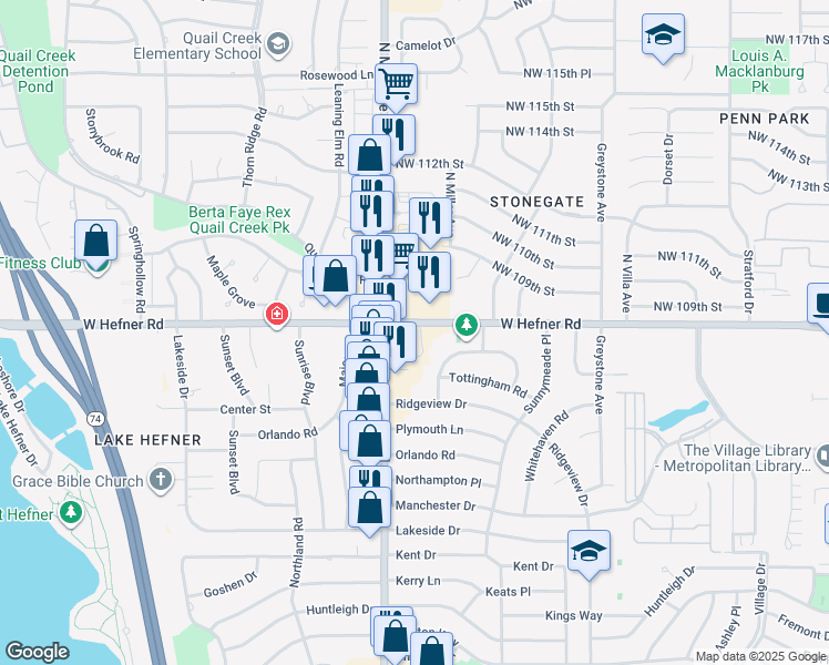map of restaurants, bars, coffee shops, grocery stores, and more near 2812 W Hefner Rd in Oklahoma City