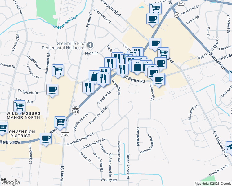 map of restaurants, bars, coffee shops, grocery stores, and more near 205 Granville Drive in Greenville