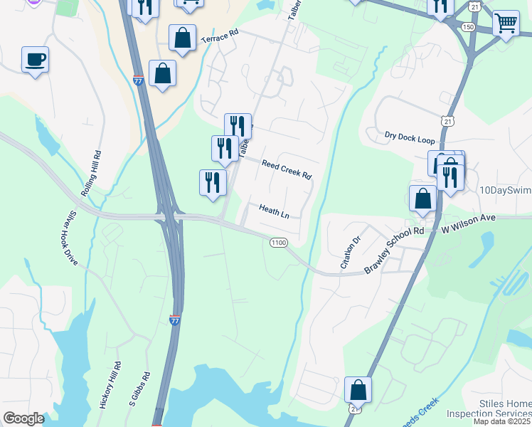map of restaurants, bars, coffee shops, grocery stores, and more near 140 Heath Lane in Mooresville