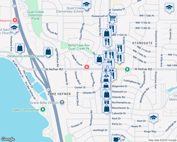 map of restaurants, bars, coffee shops, grocery stores, and more near 10812 Sunrise Boulevard in The Village