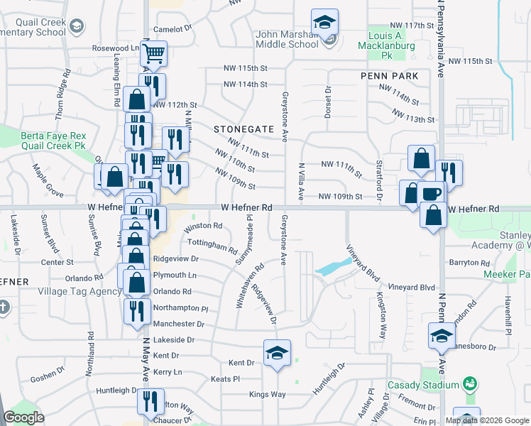 map of restaurants, bars, coffee shops, grocery stores, and more near 10837 North Utica Drive in The Village