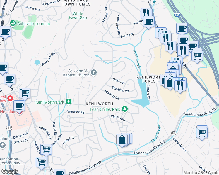 map of restaurants, bars, coffee shops, grocery stores, and more near 15B Sheridan Road in Asheville