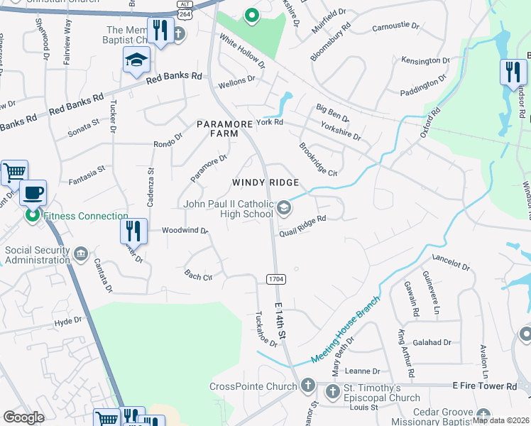 map of restaurants, bars, coffee shops, grocery stores, and more near 2725 E 14th St in Greenville