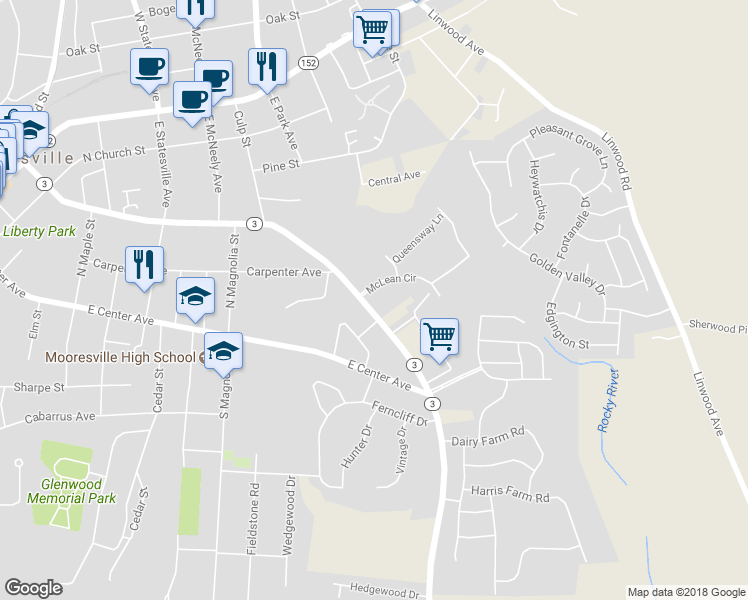 map of restaurants, bars, coffee shops, grocery stores, and more near 846 East Iredell Avenue in Mooresville