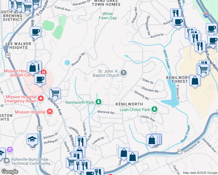 map of restaurants, bars, coffee shops, grocery stores, and more near 67 McClain Street in Asheville