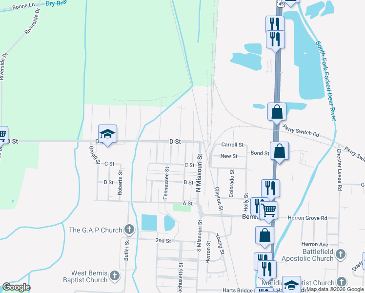 map of restaurants, bars, coffee shops, grocery stores, and more near 223 Massachusetts Street in Jackson