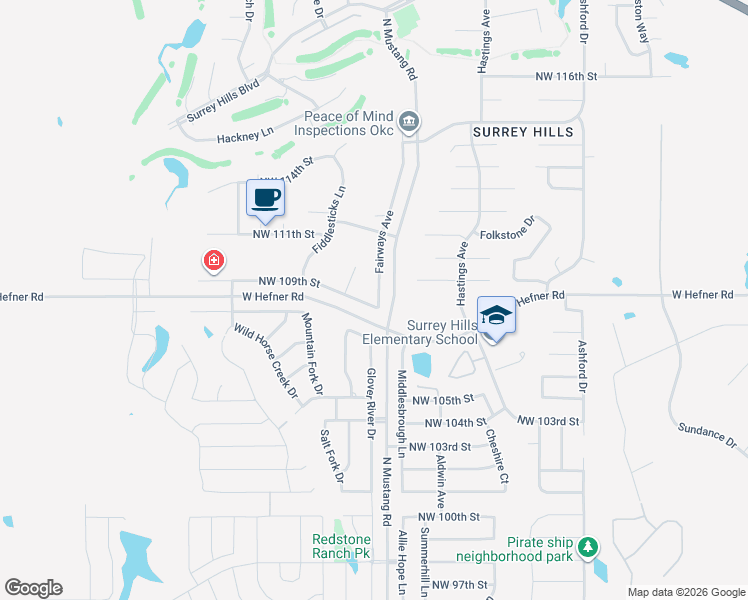 map of restaurants, bars, coffee shops, grocery stores, and more near 11409 Northwest 109th Street in Yukon