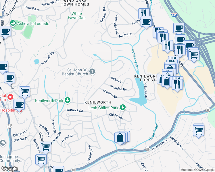 map of restaurants, bars, coffee shops, grocery stores, and more near 15 Sheridan Road in Asheville