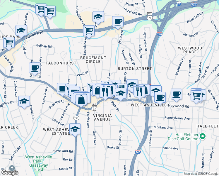 map of restaurants, bars, coffee shops, grocery stores, and more near 33 Dorchester Avenue in Asheville