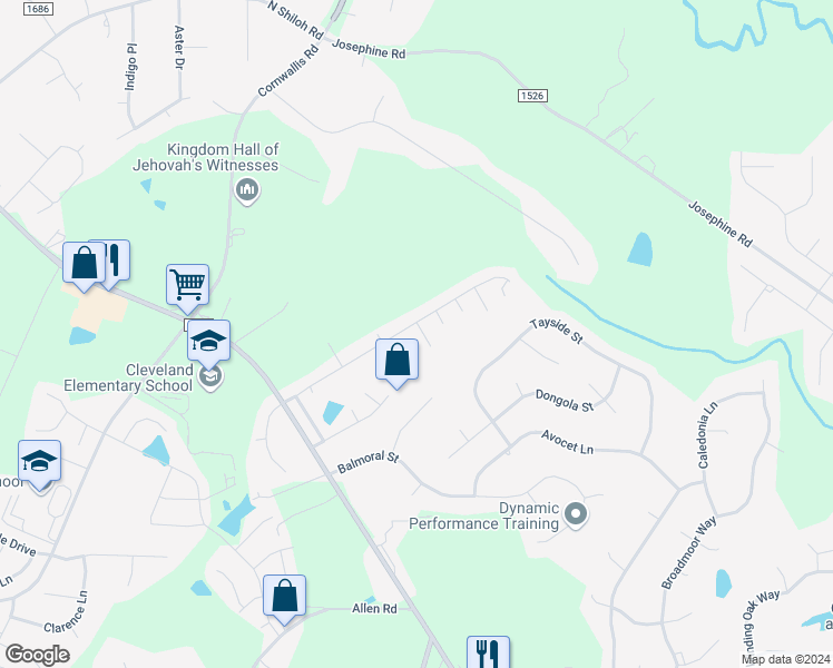 map of restaurants, bars, coffee shops, grocery stores, and more near 104 Blackthorne Court in Clayton