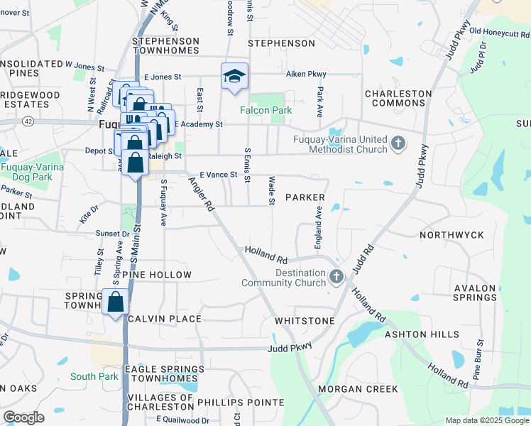 map of restaurants, bars, coffee shops, grocery stores, and more near 512 East Spring Street in Fuquay-Varina