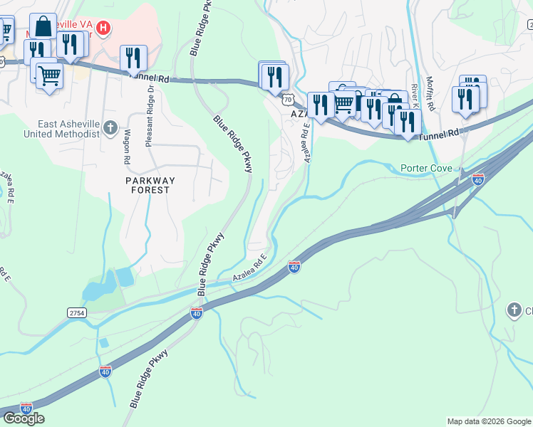 map of restaurants, bars, coffee shops, grocery stores, and more near 49 Gash Farm Road in Asheville