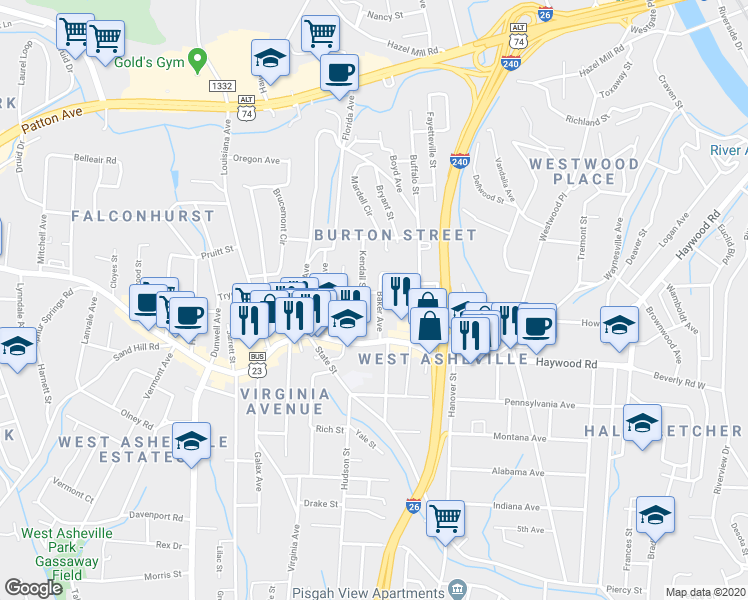 map of restaurants, bars, coffee shops, grocery stores, and more near 39 Baker Ave in Asheville