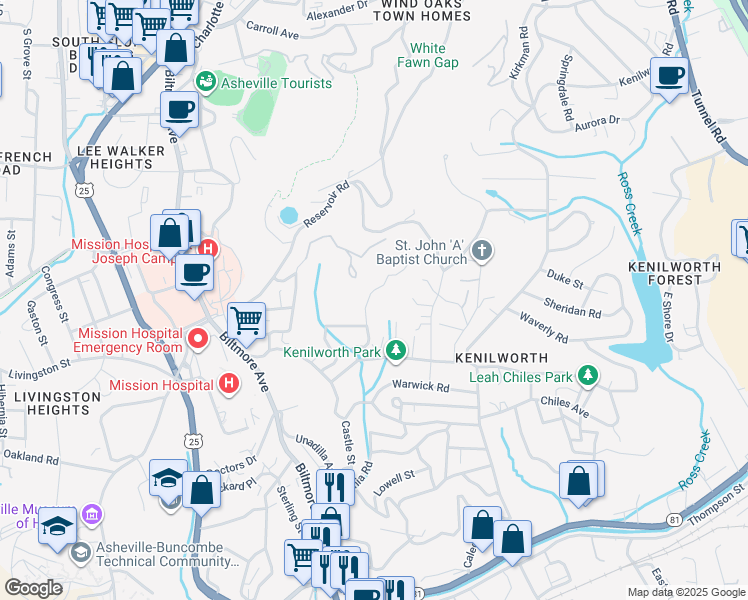 map of restaurants, bars, coffee shops, grocery stores, and more near 33 Thurland Avenue in Asheville