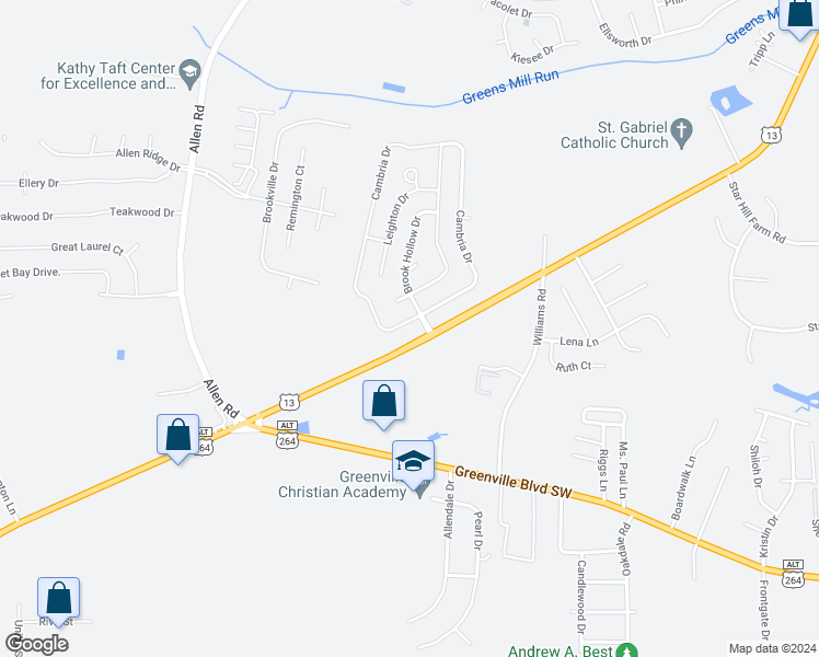 map of restaurants, bars, coffee shops, grocery stores, and more near 1604 Cambria Drive in Greenville