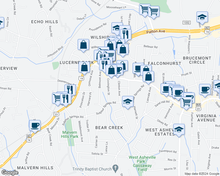 map of restaurants, bars, coffee shops, grocery stores, and more near 40 Covington Street in Asheville
