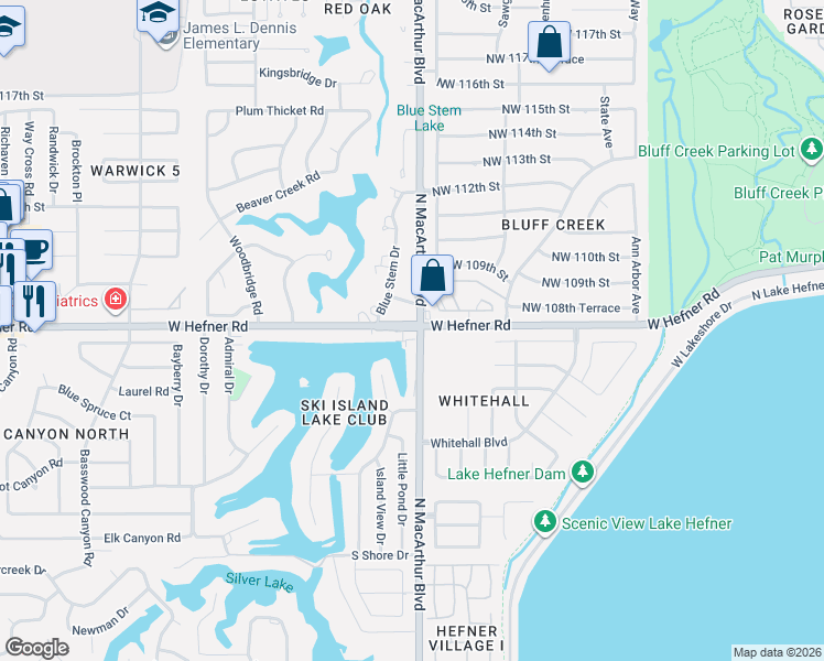 map of restaurants, bars, coffee shops, grocery stores, and more near 5916 West Hefner Road in Oklahoma City