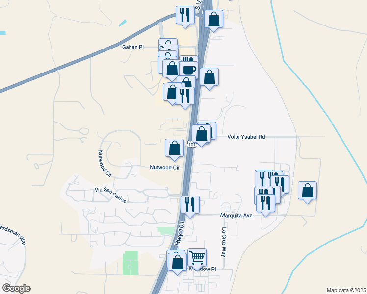map of restaurants, bars, coffee shops, grocery stores, and more near 2605 Theatre Drive in Paso Robles