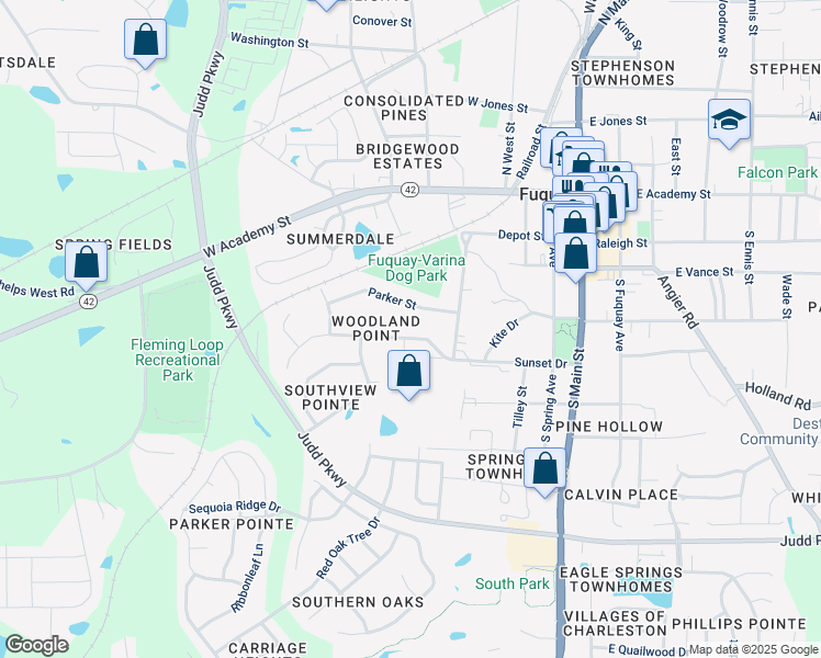 map of restaurants, bars, coffee shops, grocery stores, and more near 620 Sunset Drive in Fuquay-Varina
