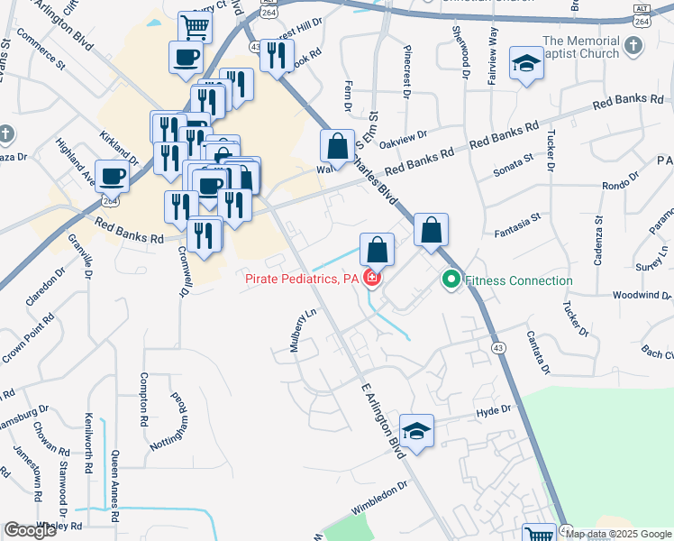 map of restaurants, bars, coffee shops, grocery stores, and more near 1117 Turtle Creek Road in Greenville