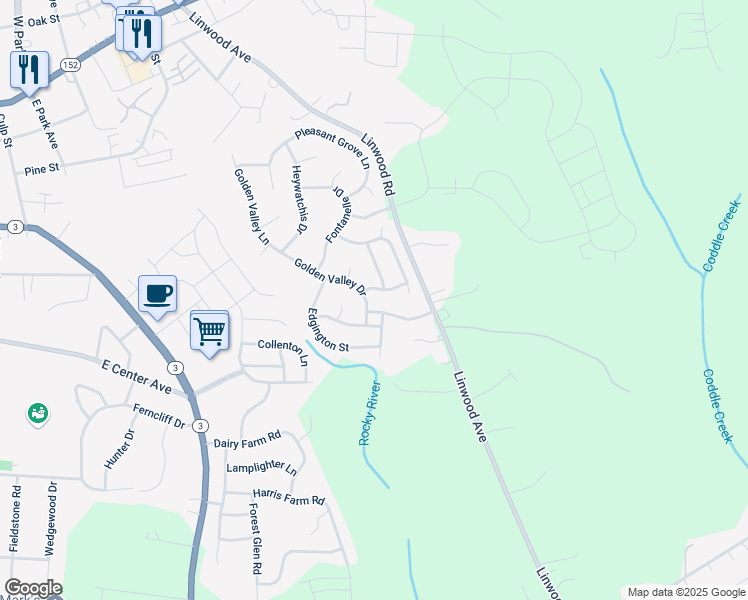 map of restaurants, bars, coffee shops, grocery stores, and more near 116 Golden Valley Drive in Mooresville
