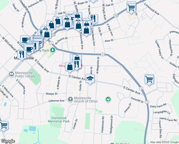 map of restaurants, bars, coffee shops, grocery stores, and more near 134 Rankin Street in Mooresville