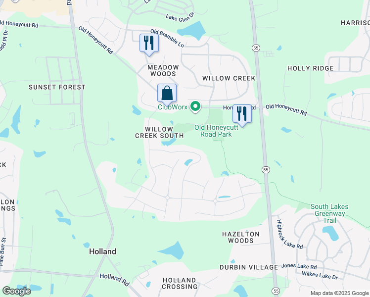 map of restaurants, bars, coffee shops, grocery stores, and more near 1817 Heisser Lane in Fuquay-Varina