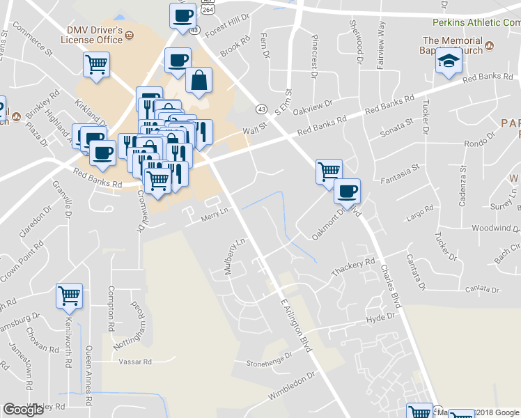 map of restaurants, bars, coffee shops, grocery stores, and more near 1117 Turtle Creek Drive in Greenville