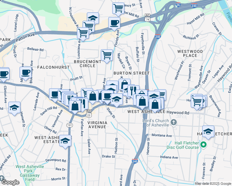 map of restaurants, bars, coffee shops, grocery stores, and more near 38 Martin Avenue in Asheville