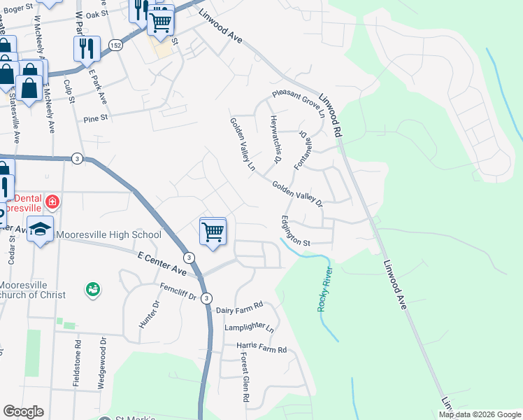 map of restaurants, bars, coffee shops, grocery stores, and more near 182 King William Drive in Mooresville