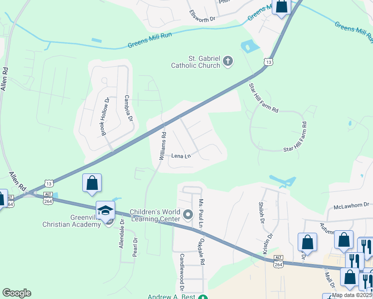 map of restaurants, bars, coffee shops, grocery stores, and more near 2953 Beunavista Court in Greenville
