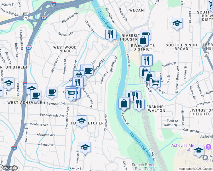 map of restaurants, bars, coffee shops, grocery stores, and more near 138 Riverview Drive in Asheville